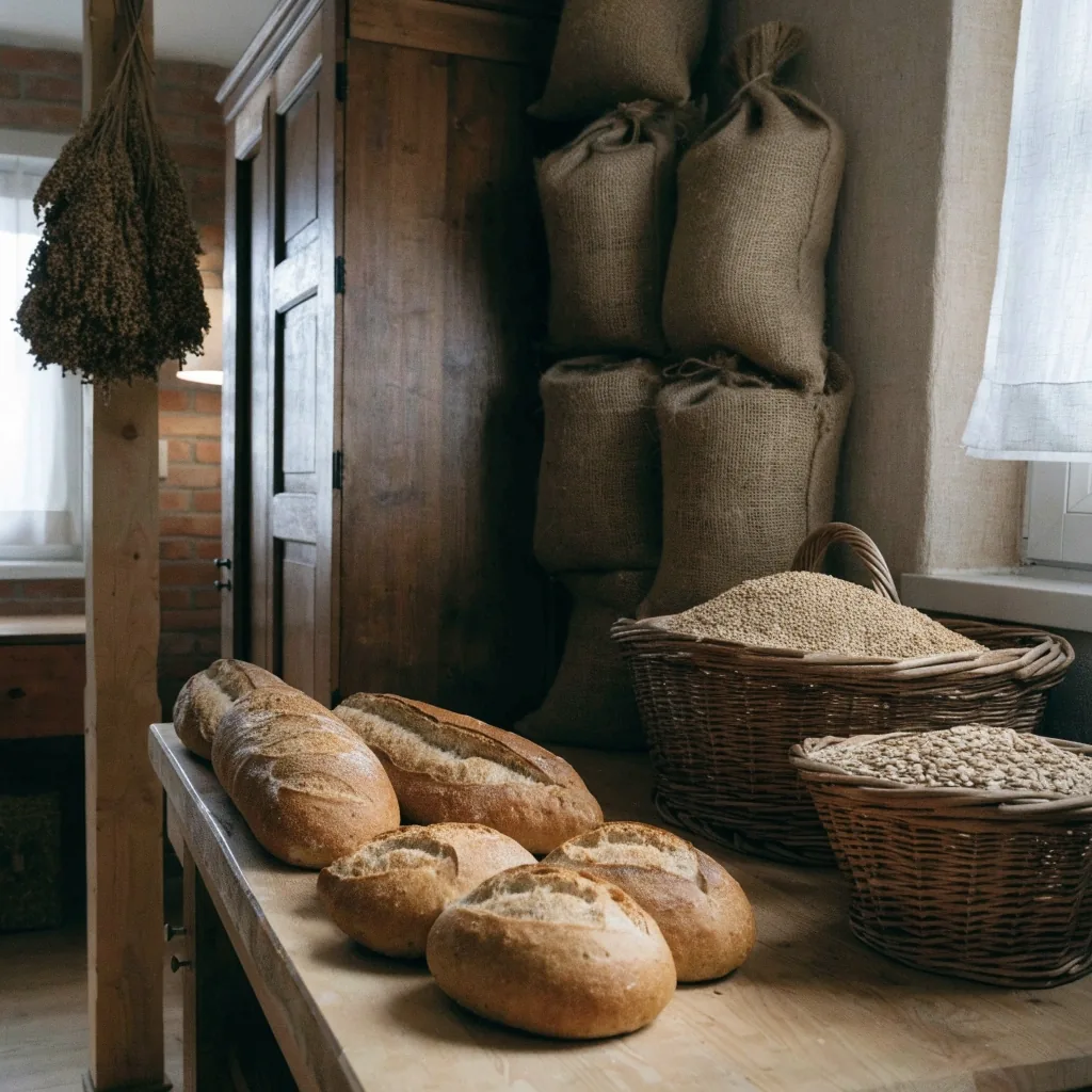 Deska kuchenna z otwartymi słoikami kaszy gryczanej, pęczaku, płatków owsianych i brązowego ryżu