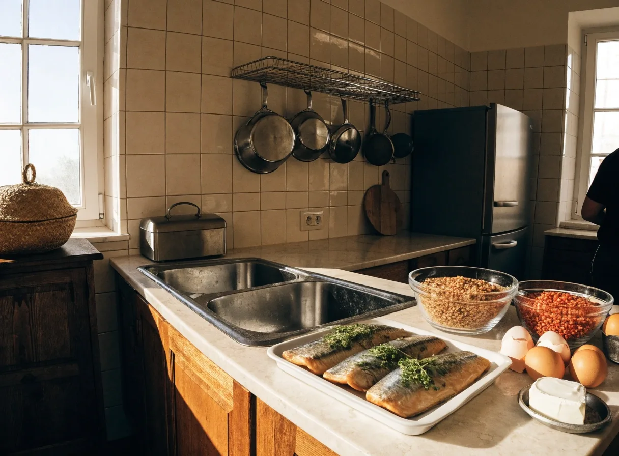 Upieczona makrela, kasza gryczana, soczewica, jogurt naturalny i jajka na kuchennym blacie