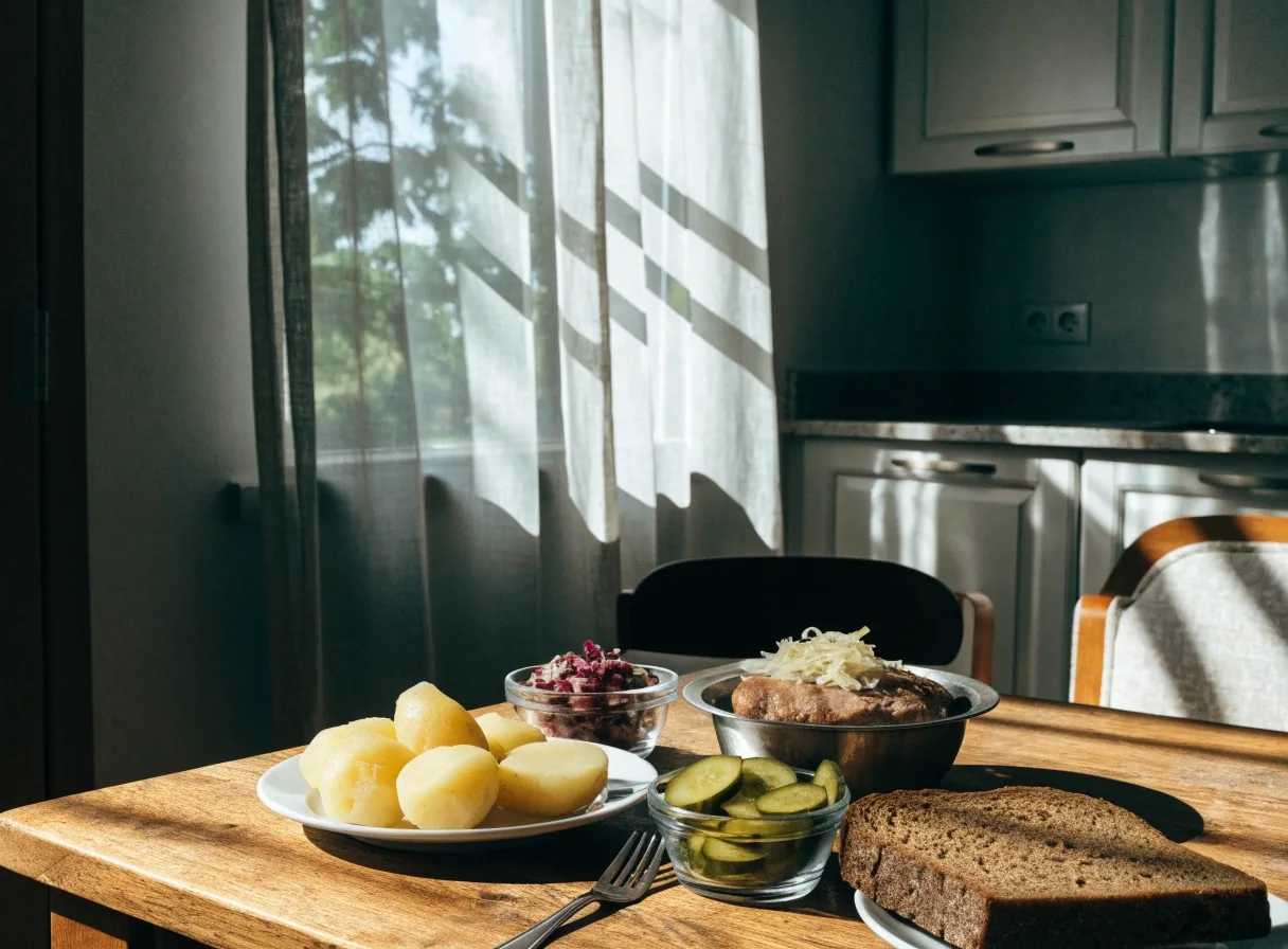 Zwykły polski obiad: ziemniak, kotlet i ogórek kiszony obok surówki i razowego pieczywa